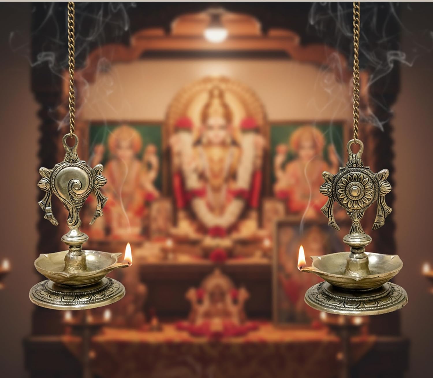 StonKraft - Pair of Brass Hanging Diya, Oil Lamp, Lamp for Home and Office (Hanging Length 25.75)